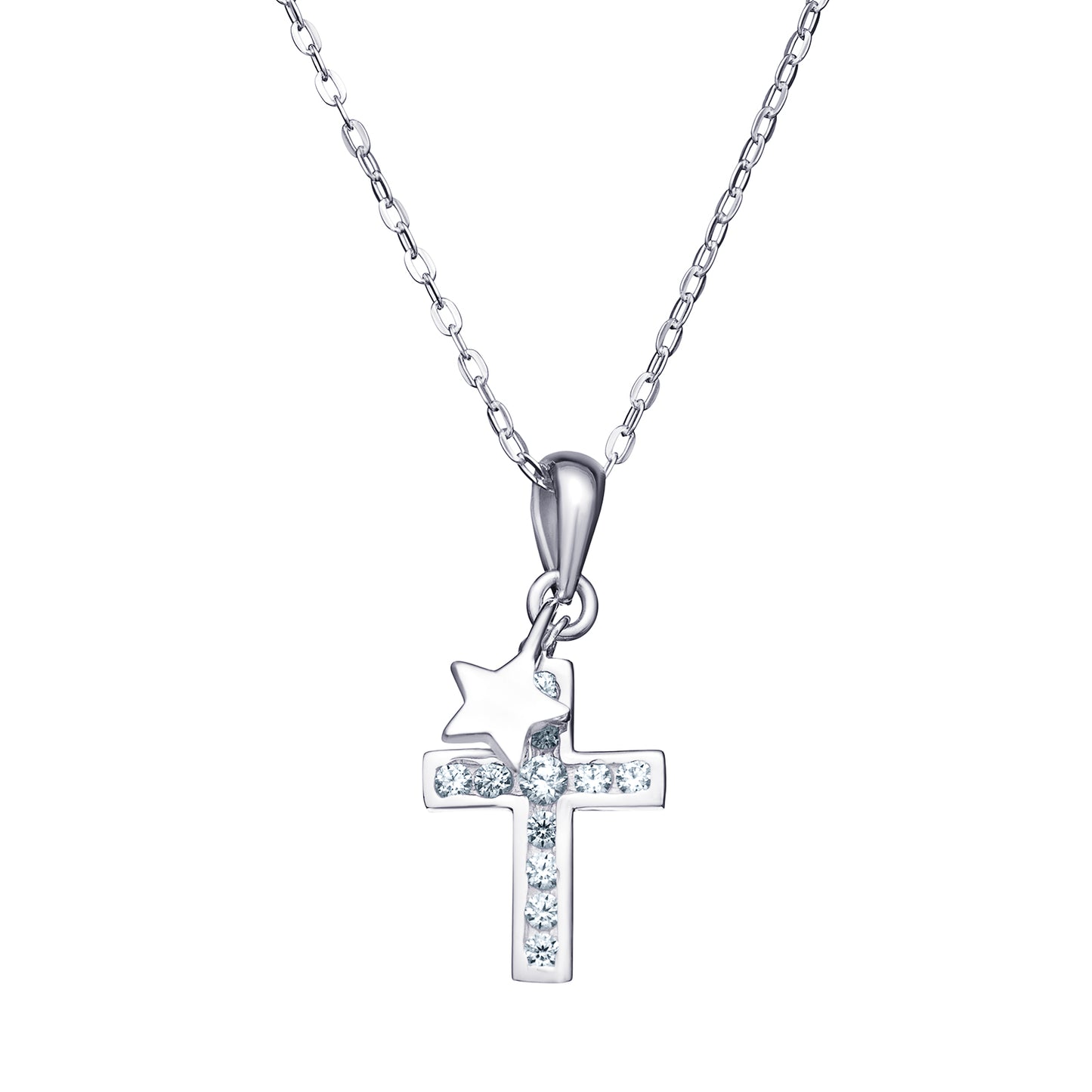 Sterling Silver Channel Set CZ Cross and Star Necklet