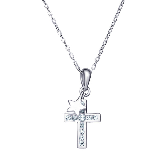 Sterling Silver Channel Set CZ Cross and Star Necklet