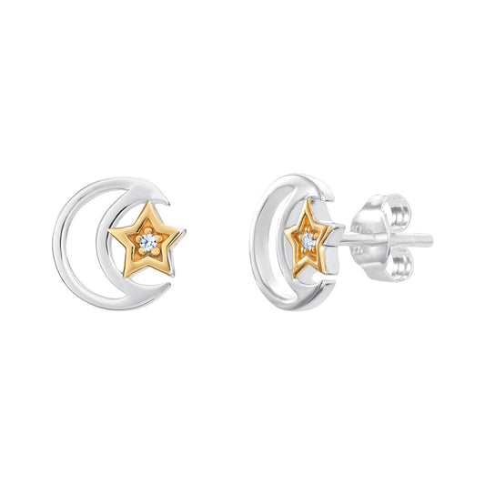 Sterling Silver Moon and Gold Plated CZ Star Earrings