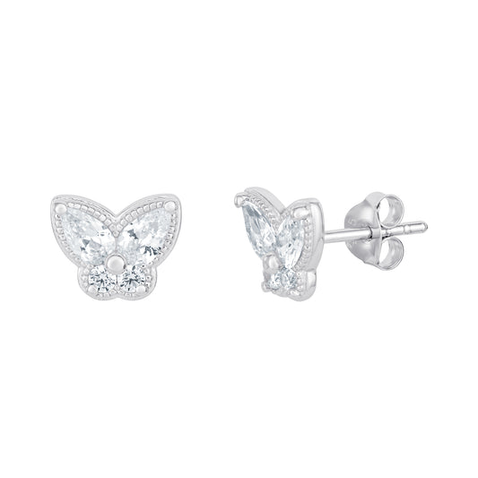 Sterling Silver CZ Butterfly Earrings with Milgrain Edge