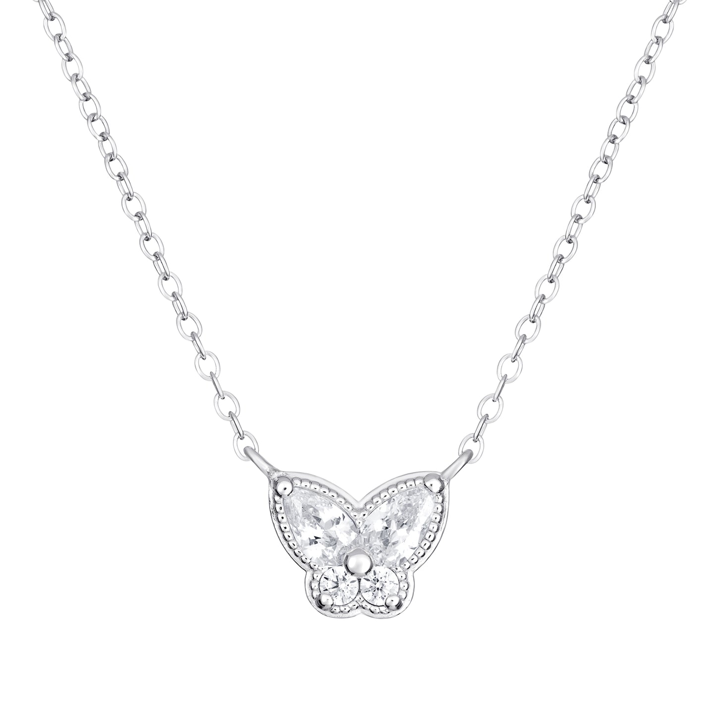 Sterling Silver CZ Butterfly Necklet with Milgrain Edge