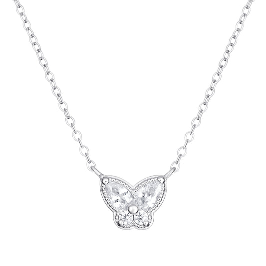 Sterling Silver CZ Butterfly Necklet with Milgrain Edge