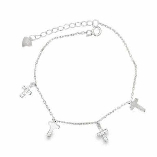 Sterling Silver Scatter CZ and Polished Cross Bracelet