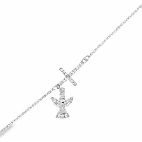 Sterling Silver CZ Cross and Angel Drop Bracelet