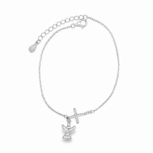 Sterling Silver CZ Cross and Angel Drop Bracelet