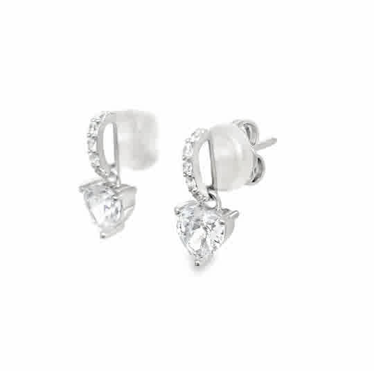 Sterling Silver CZ Heart Drop Earrings