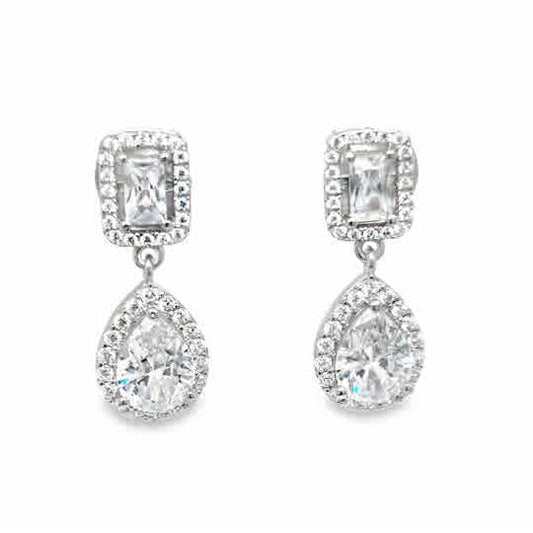 Sterling Silver Emerald Cut Cluster Pear Drop CZ Earring