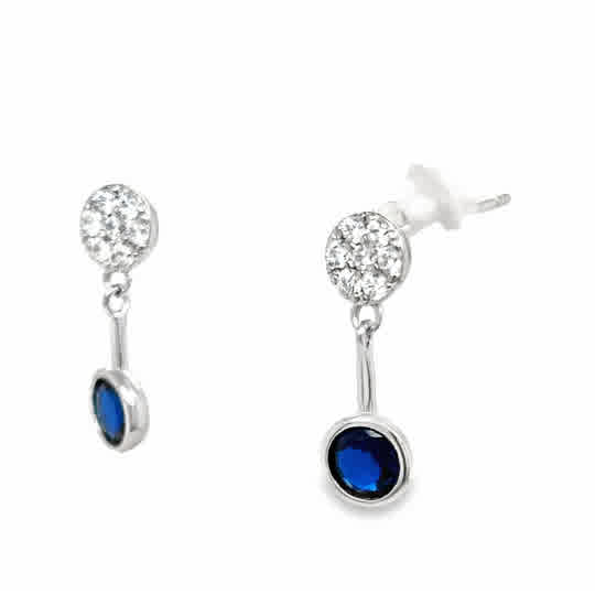 Sterling Silver Pave CZ Earring with Blue CZ Drop