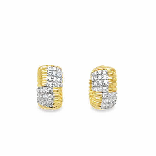 Sterling Silver Gold Plated Ribbed Huggy Hoops with Pave CZ Detail