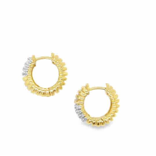 Sterling Silver Gold Plated Ribbed Huggy Hoops with Pave CZ Detail