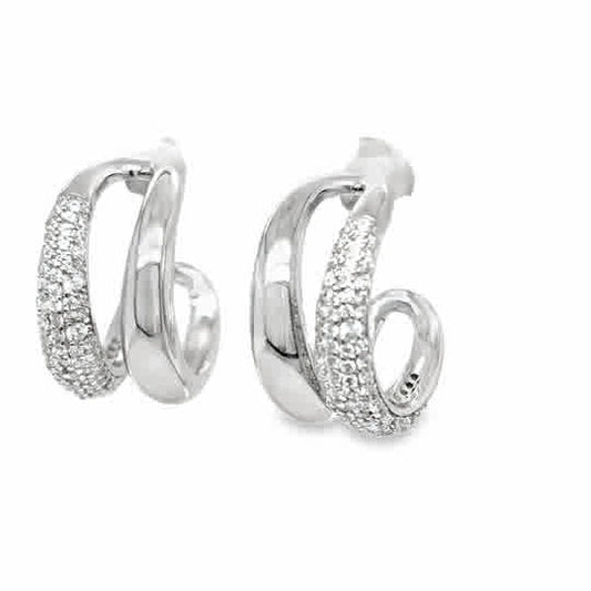 Sterling Silver Pave CZ and Polished Double Huggy Earrings