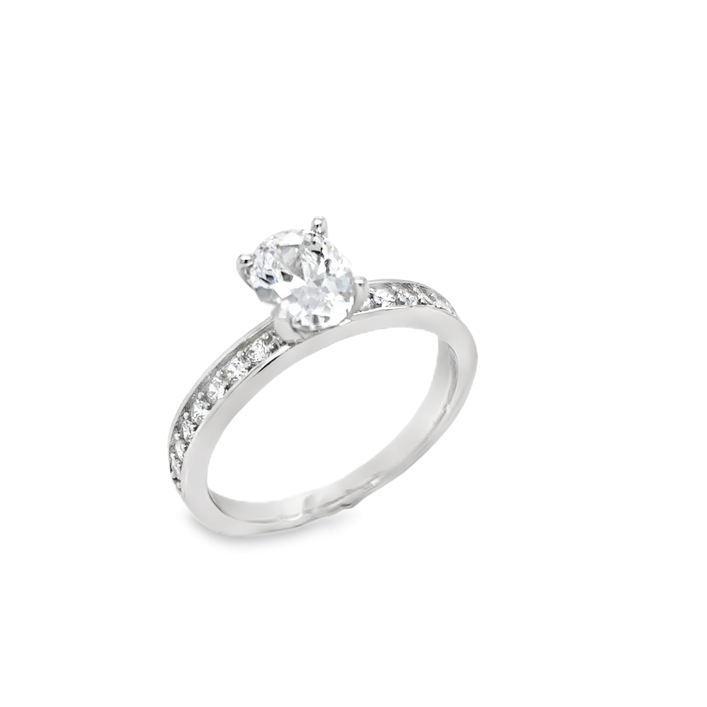 Sterling Silver CZ Oval Ring With Stone Set Shoulders