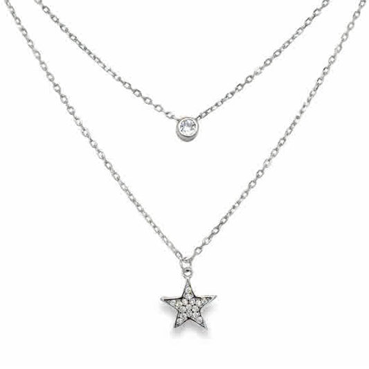 Sterling Silver Layered Rubover CZ and CZ Star Necklet