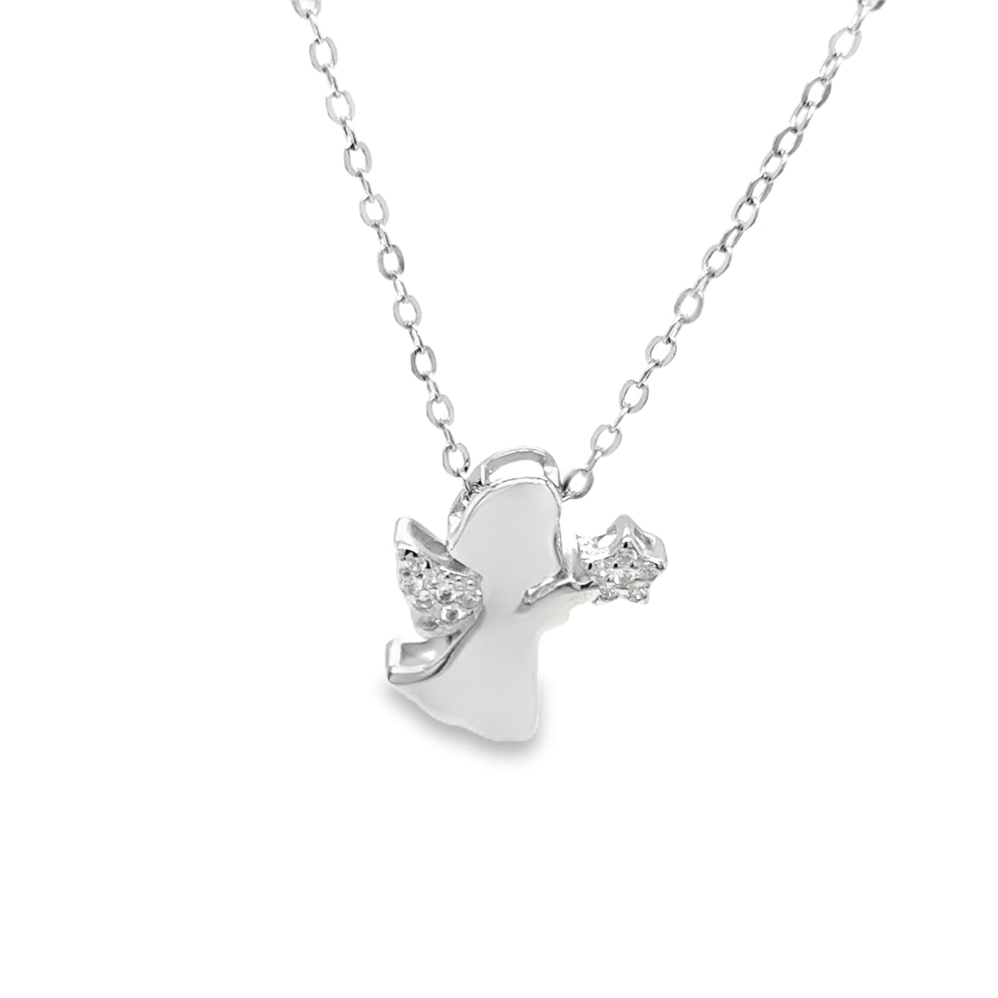Sterling Silver CZ and Polished Angel Necklet