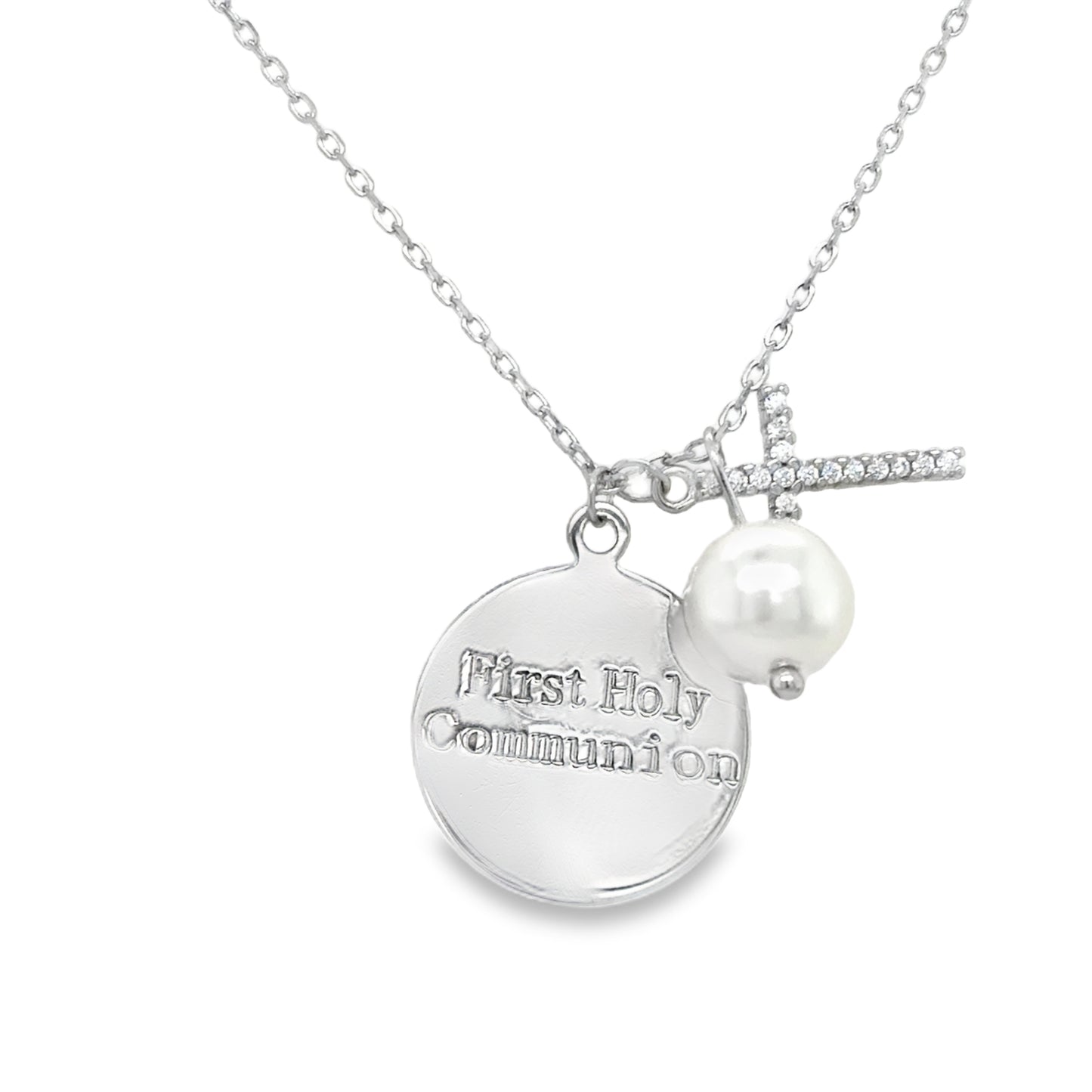 Sterling Silver First Holy Communion Disc with CZ Cross and Pearl Necklet