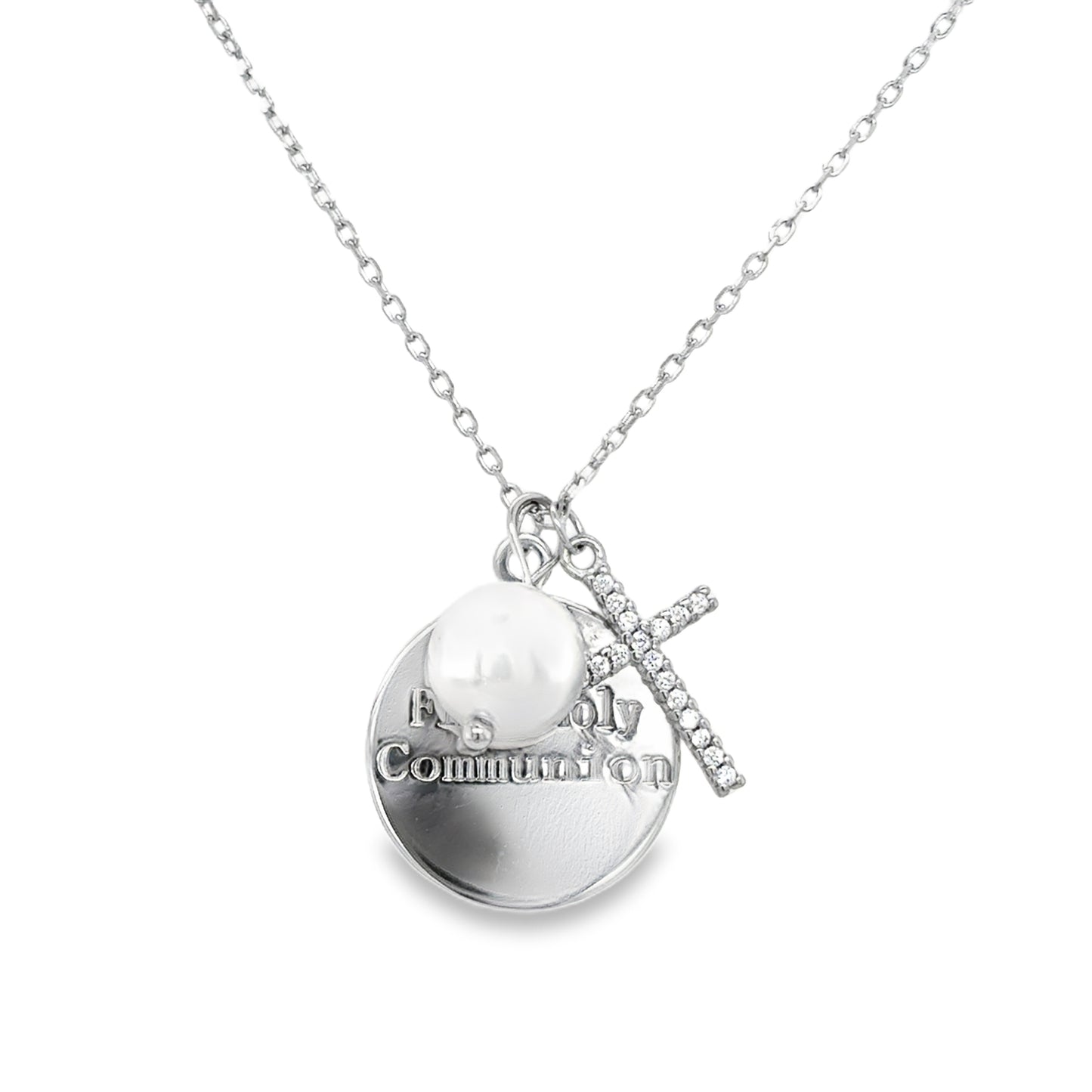 Sterling Silver First Holy Communion Disc with CZ Cross and Pearl Necklet