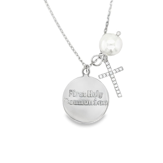 Sterling Silver First Holy Communion Disc with CZ Cross and Pearl Necklet