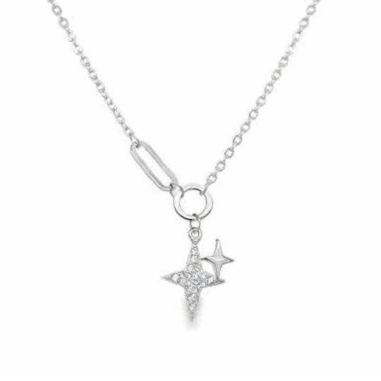 Sterling Silver Pave CZ and Polished Star Necklet