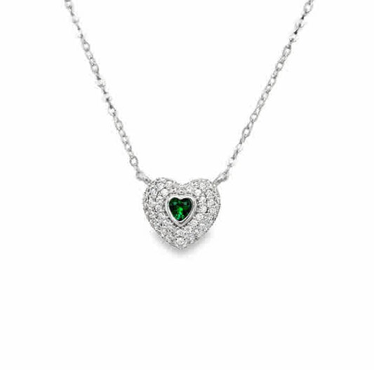 Sterling Silver Pave CZ Heart Necklet with Green Cz Centre