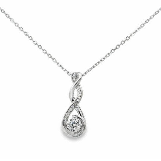 Sterling Silver CZ and Polished CZ Swirl Solitaire Necklet