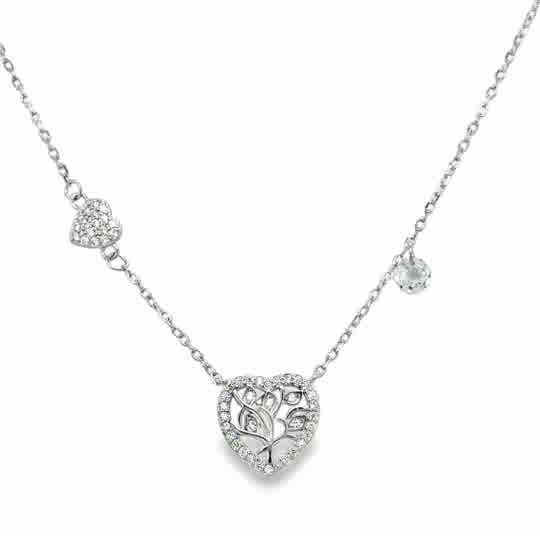 Sterling Silver CZ Heart Tree of Life Necklet