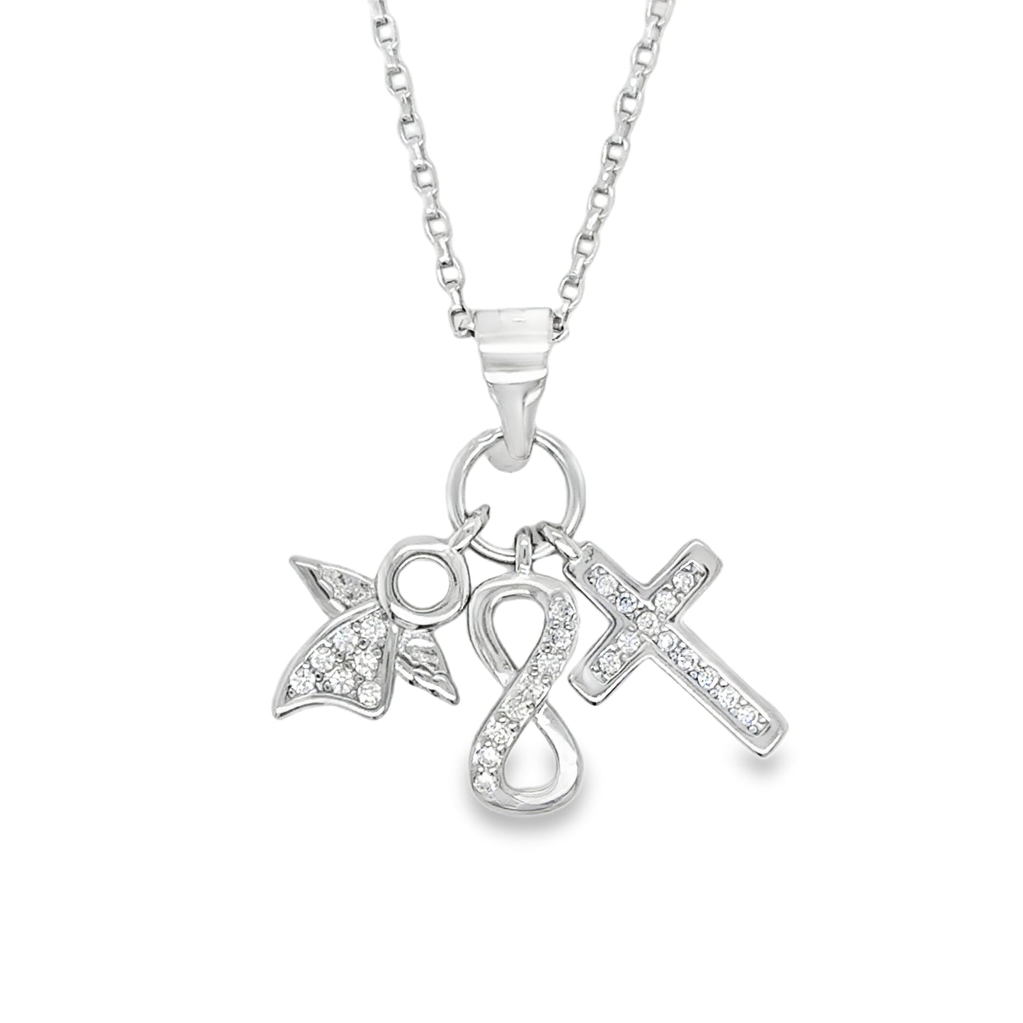 Sterling Silver CZ Angel Cross and Infinity Pendant