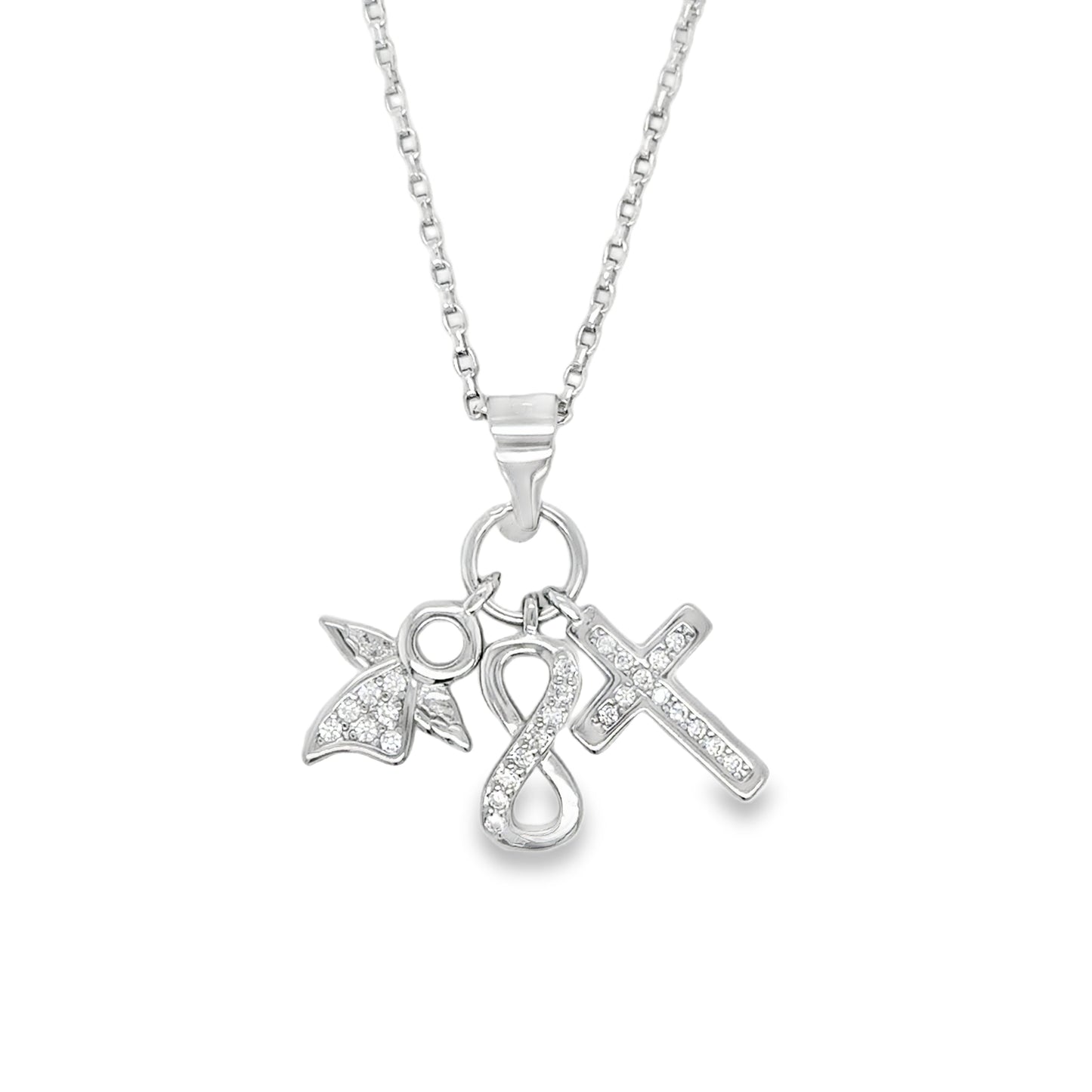Sterling Silver CZ Angel Cross and Infinity Pendant