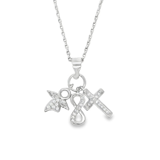 Sterling Silver CZ Angel Cross and Infinity Pendant