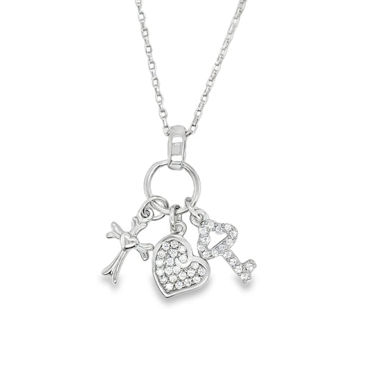 Sterling Silver CZ Cross Heart Key Pendant