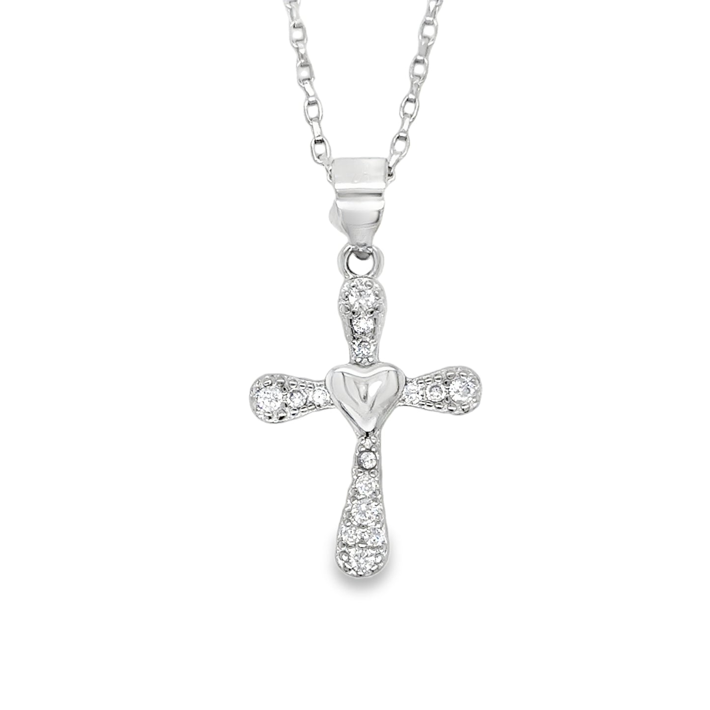 Sterling Silver CZ Cross with Polished Heart Center Pendant