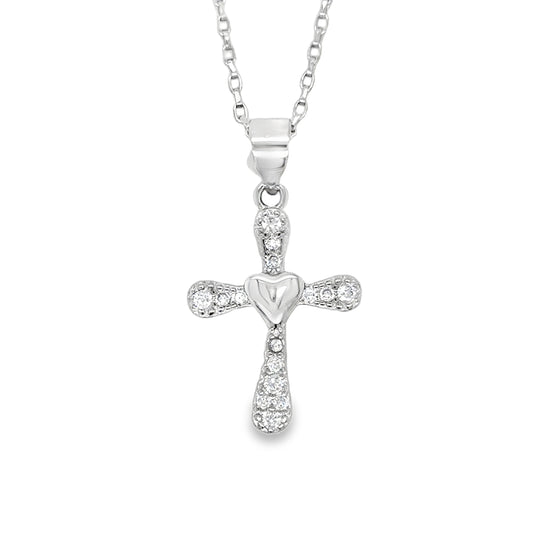 Sterling Silver CZ Cross with Polished Heart Center Pendant