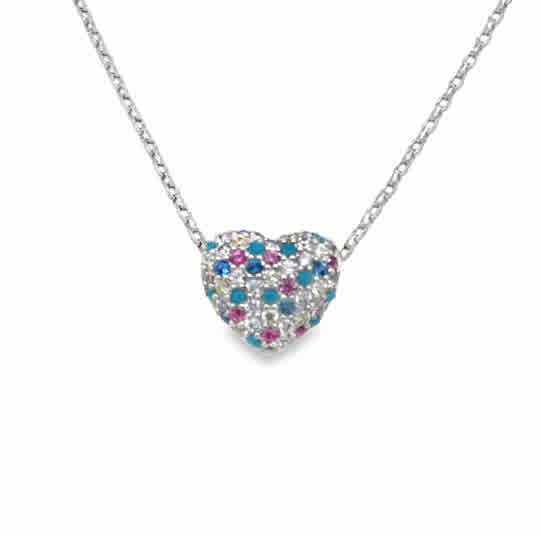 Sterling Silver Kids Multicolour Pave CZ Heart Pendant