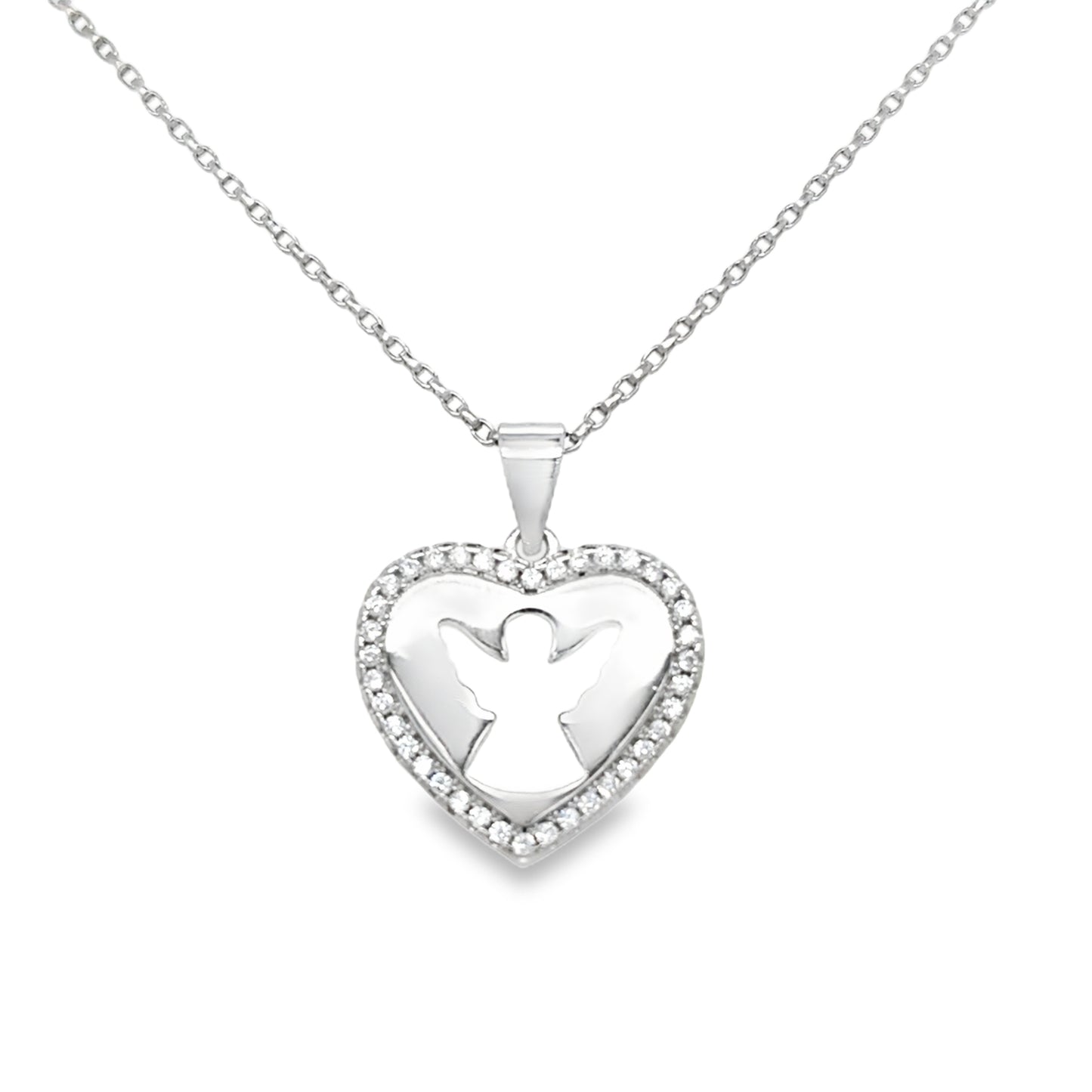 Sterling Silver Polished and CZ Heart Pendant with Angel Cutout