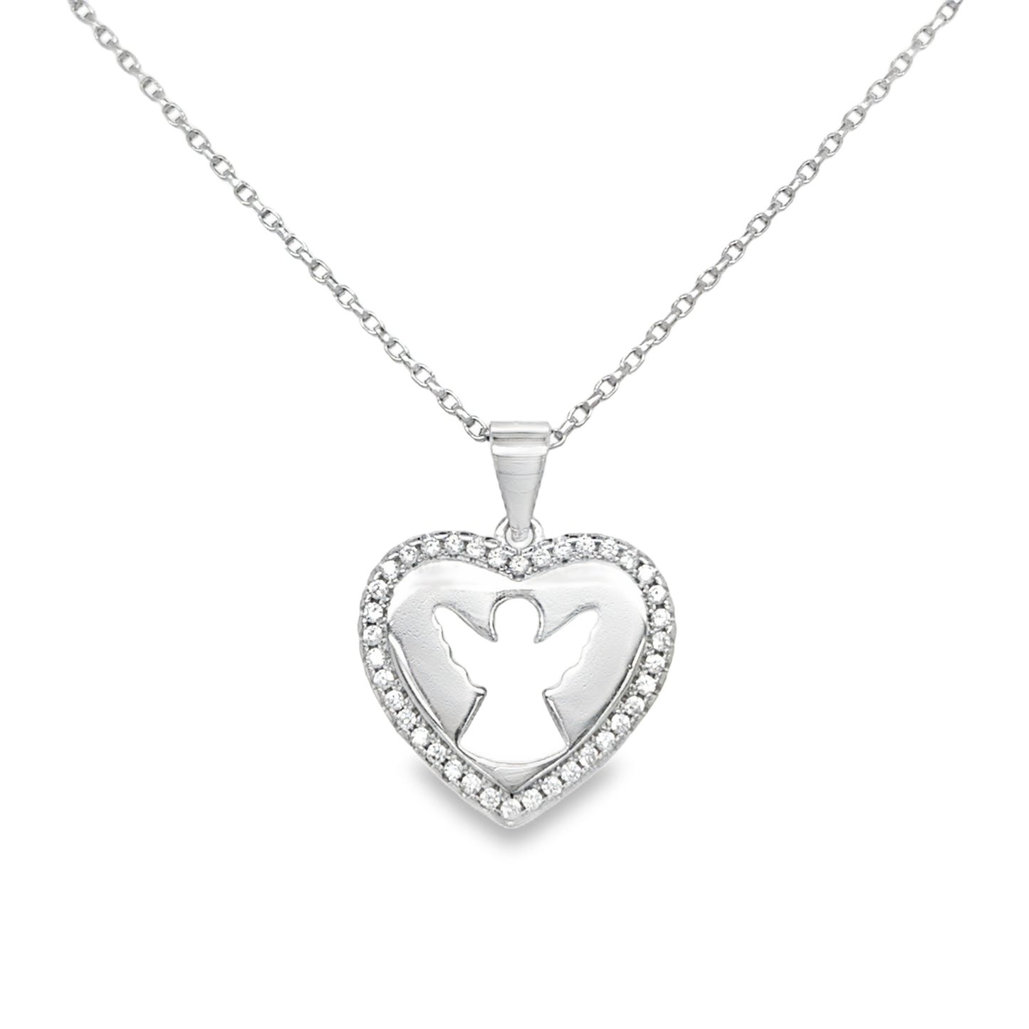 Sterling Silver Polished and CZ Heart Pendant with Angel Cutout