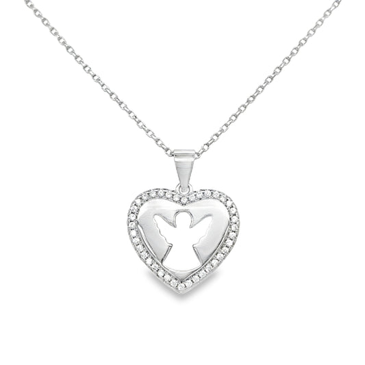 Sterling Silver Polished and CZ Heart Pendant with Angel Cutout