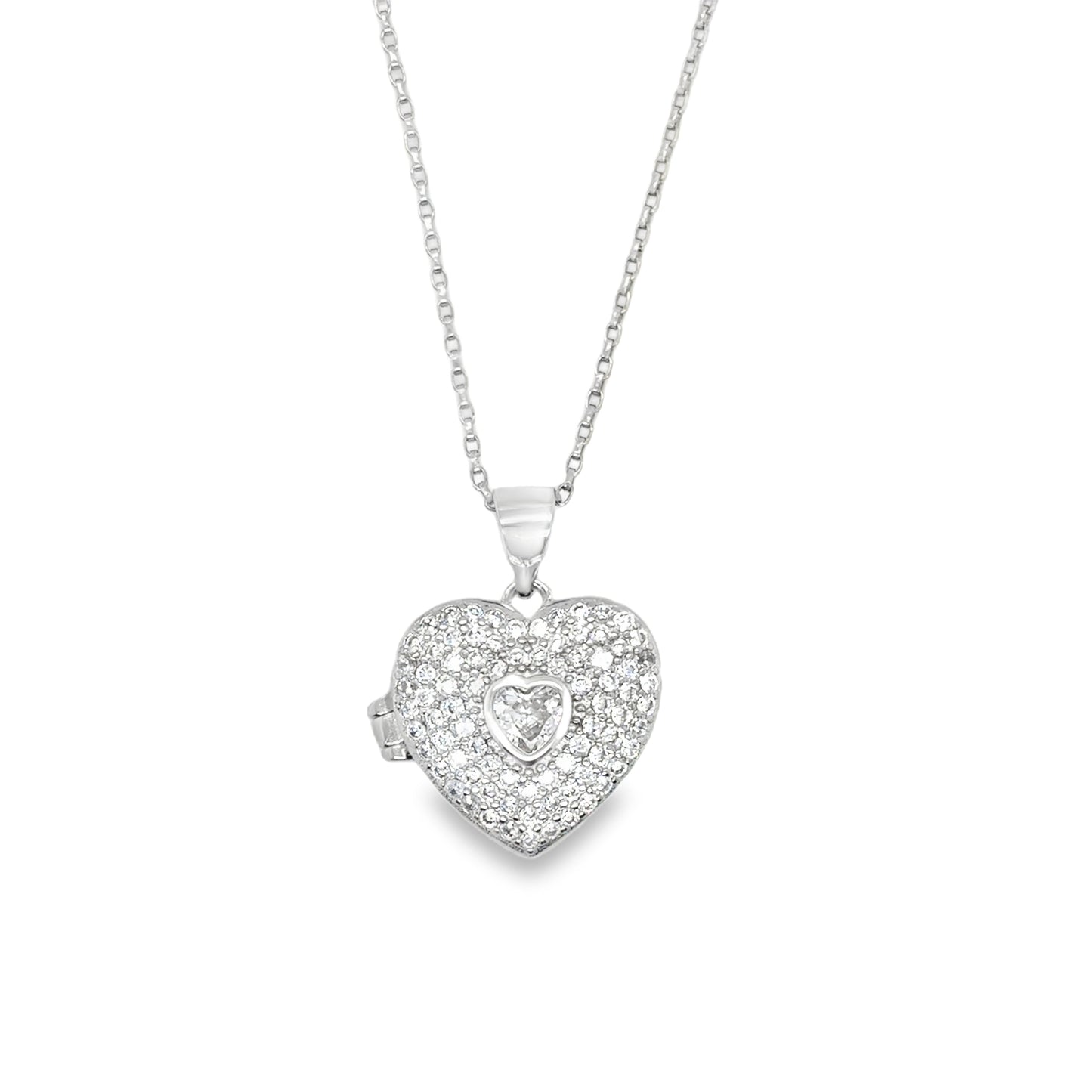 Sterling Silver Pave CZ Locket with CZ Heart Centre