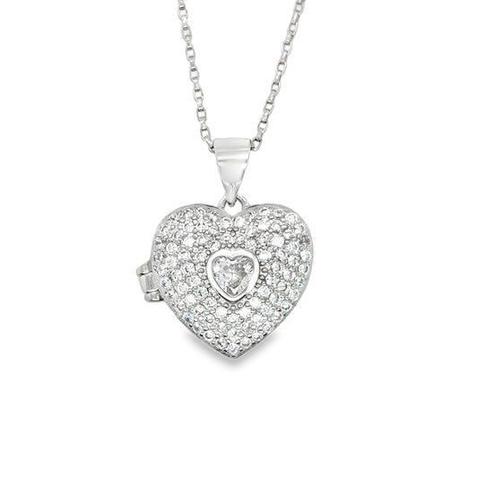 Sterling Silver Pave CZ Locket with CZ Heart Centre