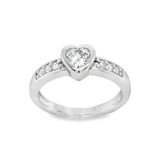 Sterling Silver Rubover Heart CZ Ring with Channel Set CZ Shoulders