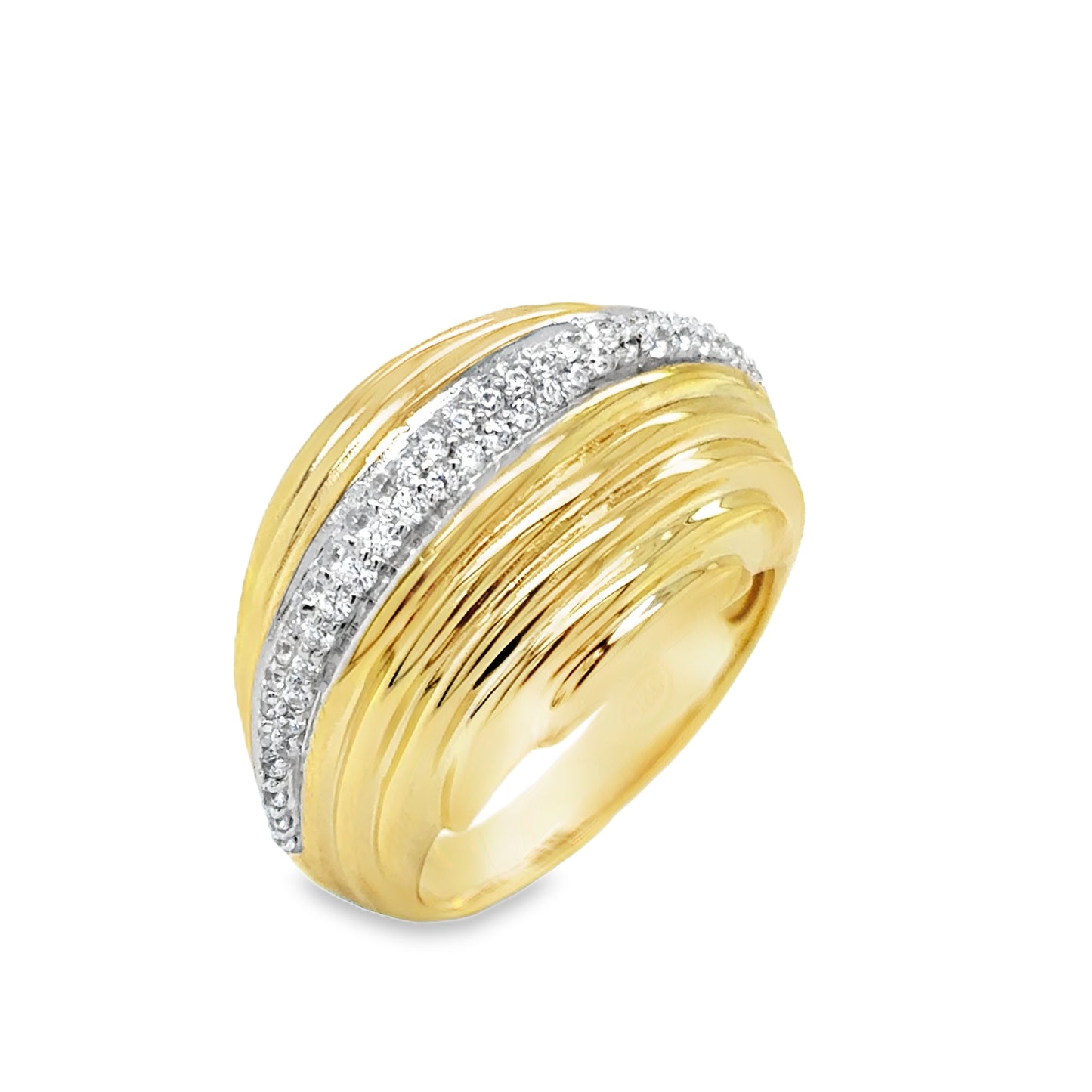 Sterling Silver Gold Plated Ribbed Bubble Ring with Pave CZ Centre