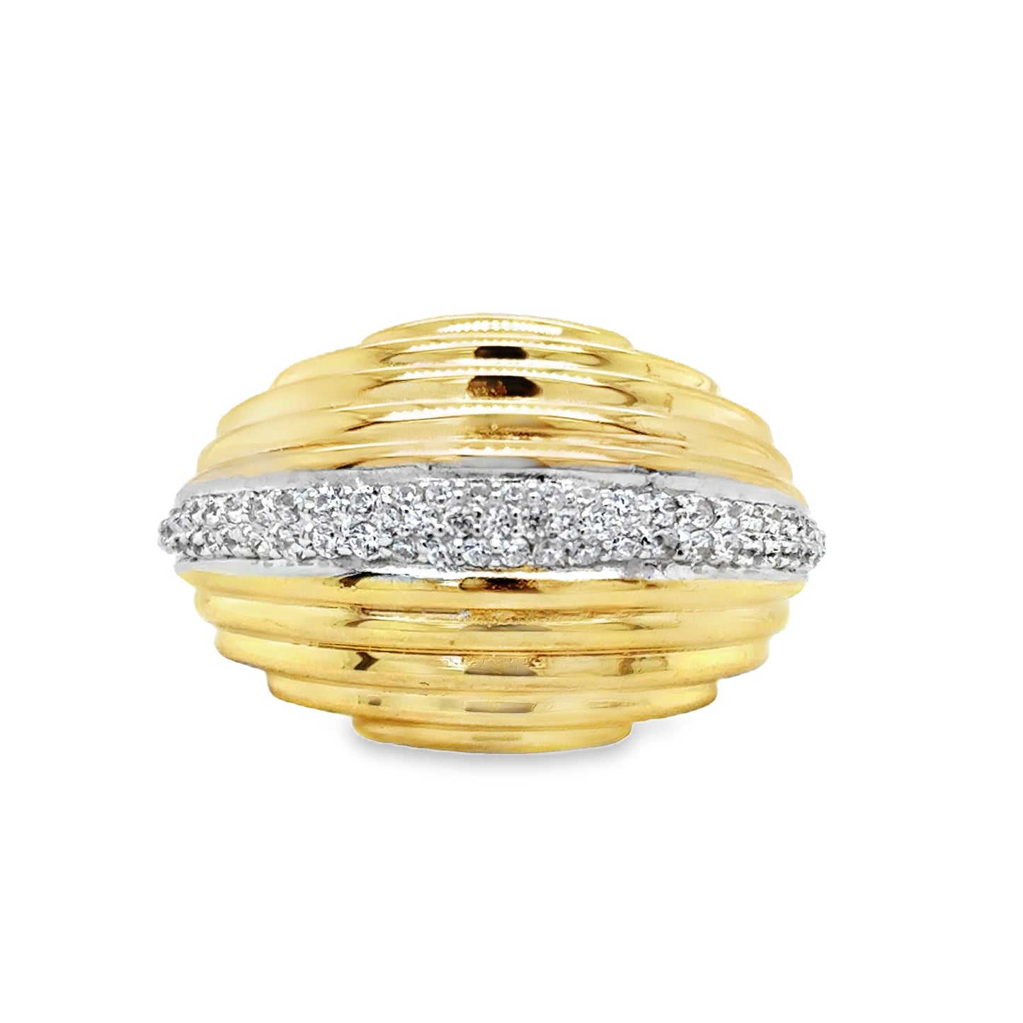 Sterling Silver Gold Plated Ribbed Bubble Ring with Pave CZ Centre
