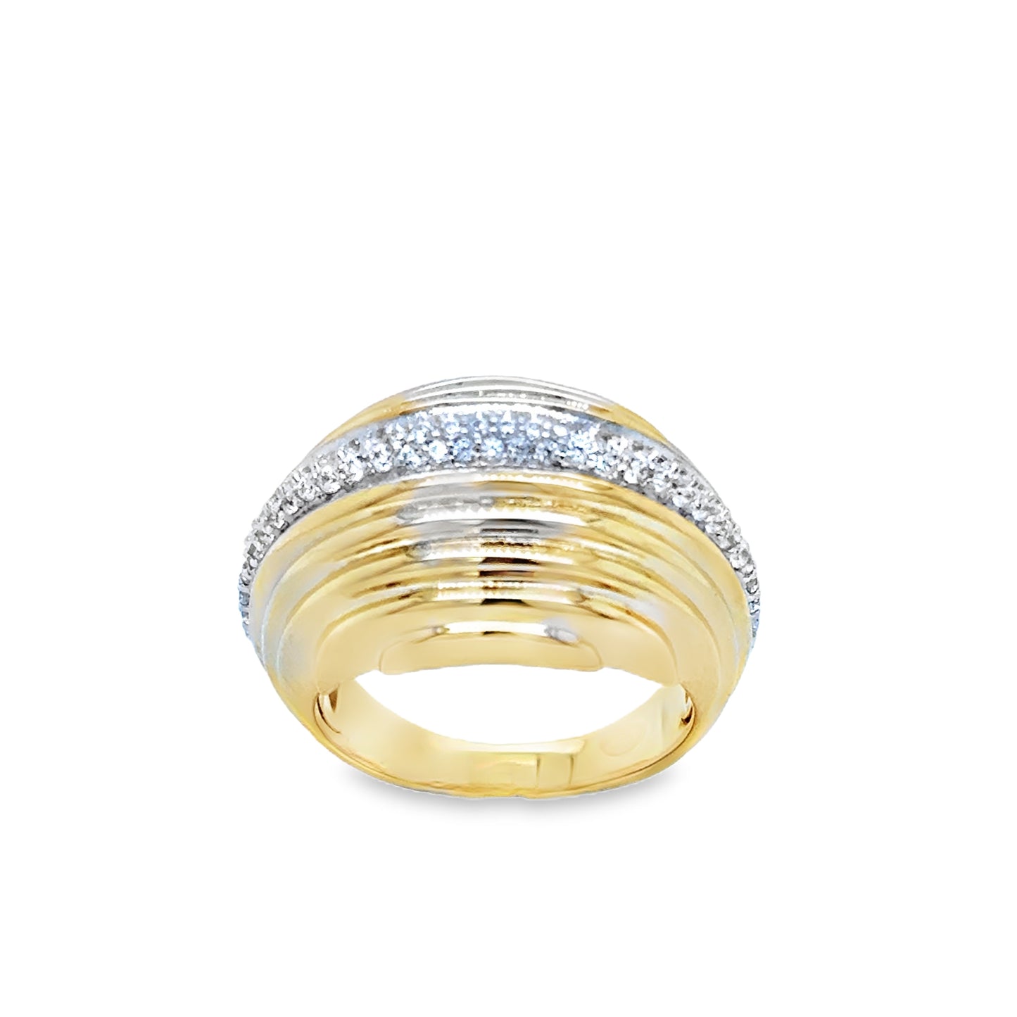 Sterling Silver Gold Plated Ribbed Bubble Ring with Pave CZ Centre