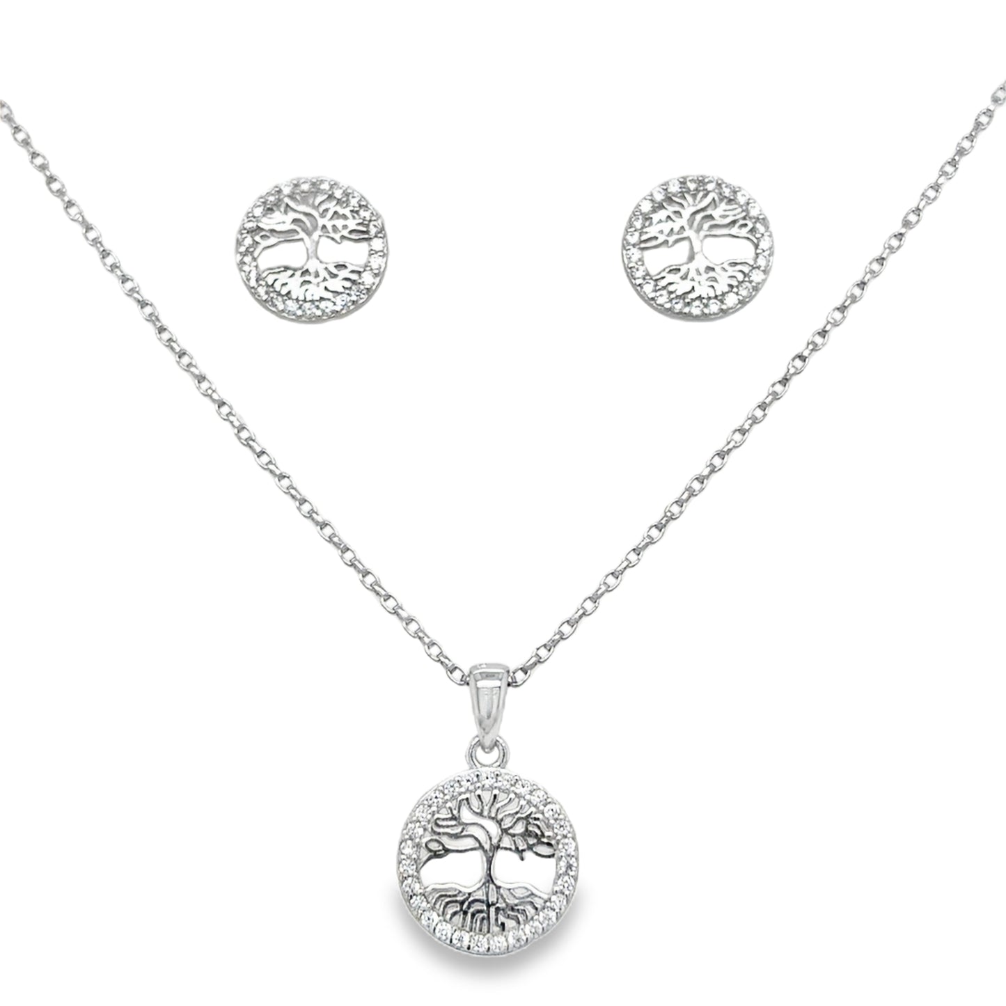 Sterling Silver CZ and Polished Tree of Life Pendant and Earrings Set