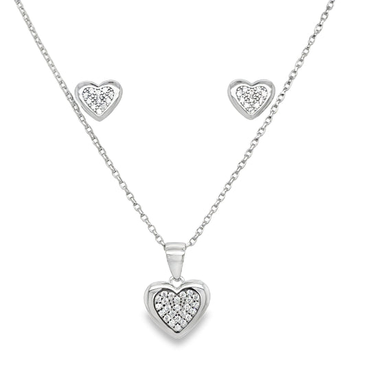 Sterling Silver Pave CZ Heart Pendant and Earring Set