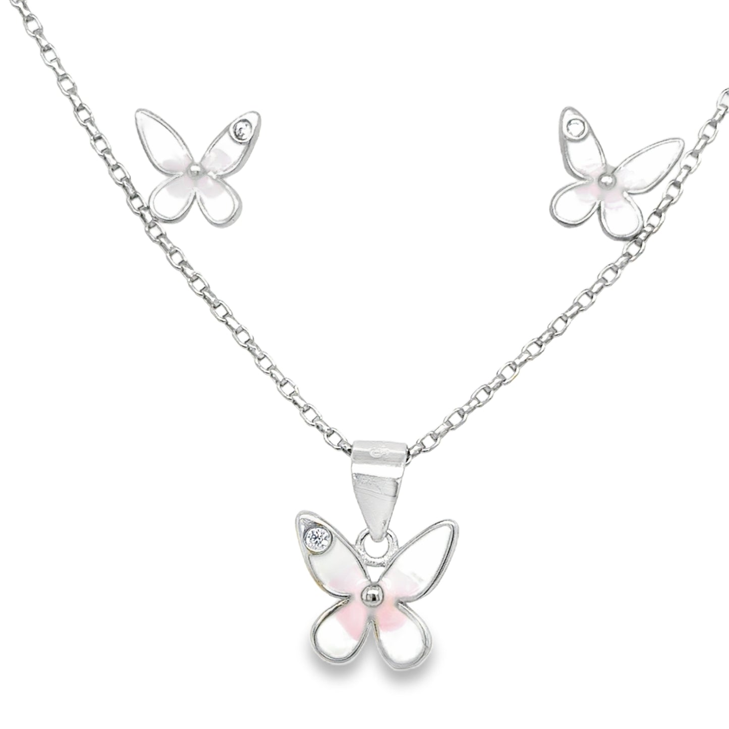 Sterling Silver White na dPink Ename CZ Butterfly Pendant and Earring Set