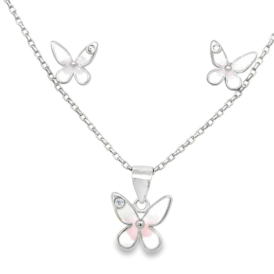Sterling Silver White na dPink Ename CZ Butterfly Pendant and Earring Set