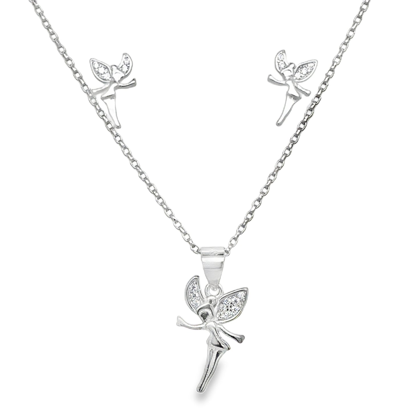 Sterling Silver Pave CZ and Polished Fairy Kids Pendant and Earring Set