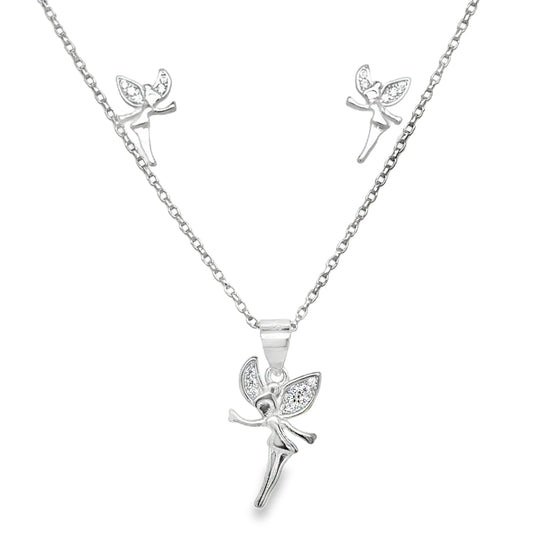 Sterling Silver Pave CZ and Polished Fairy Kids Pendant and Earring Set