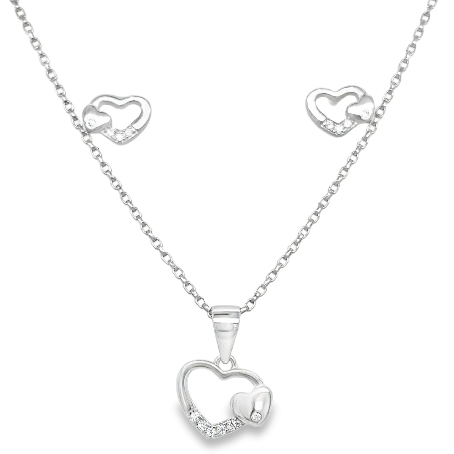 Sterling Silver CZ and Polished Double Heart Pendant and Earring Set