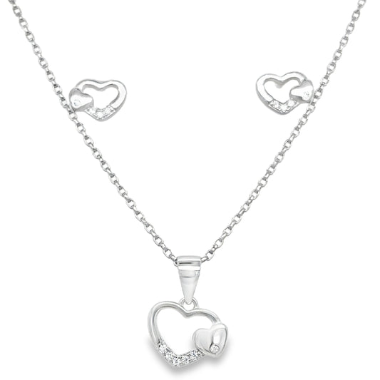 Sterling Silver CZ and Polished Double Heart Pendant and Earring Set