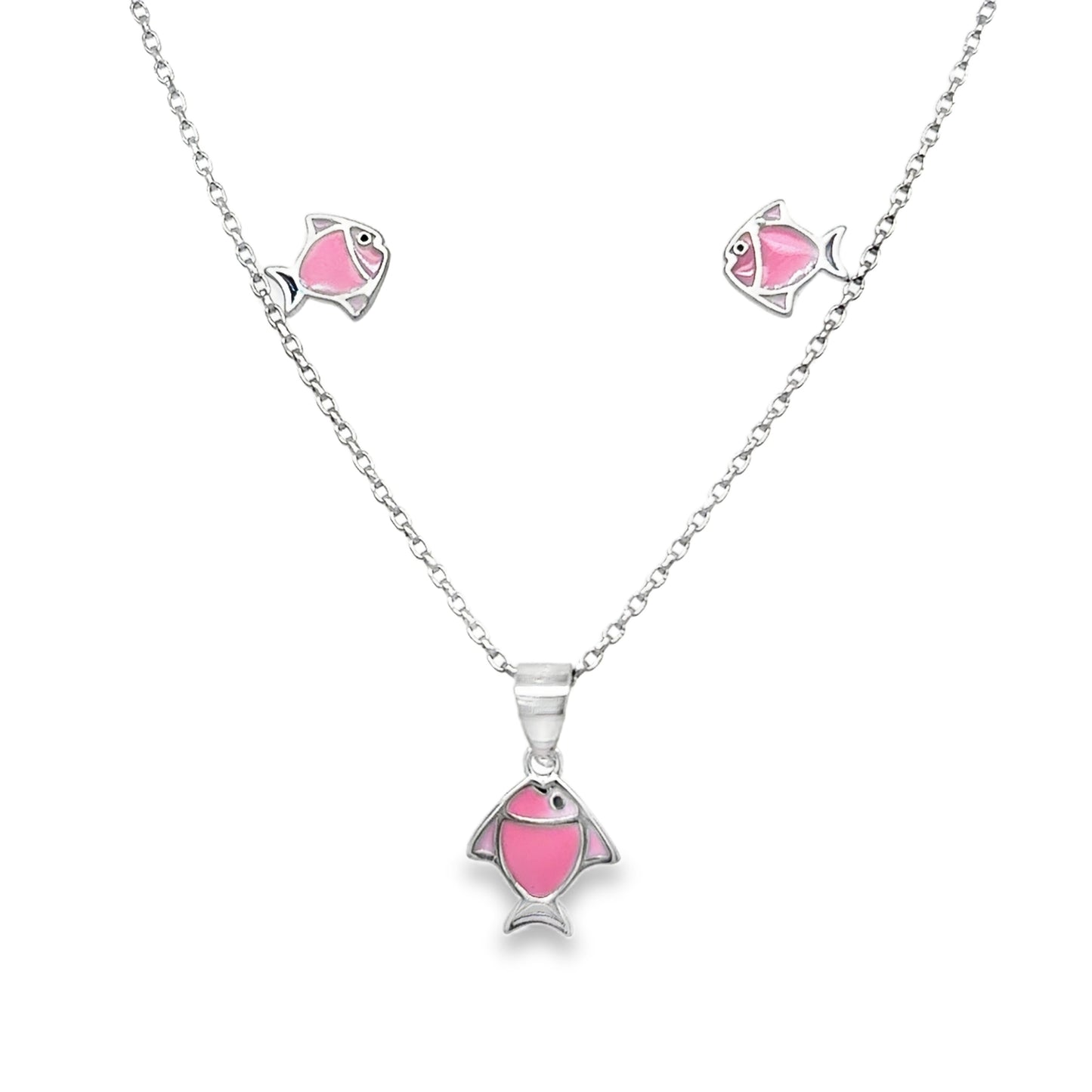Sterling Silver Pink and Blue Enamel Fish Kids Pendant and Earring Set
